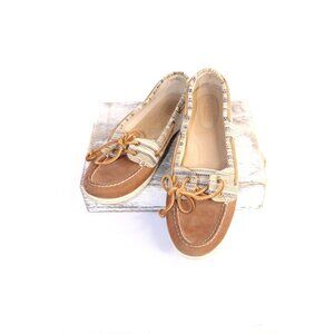Sperry Canvas Leather Top Sider Women's 10 M Brown Tan Lace Up Boat Shoe Casual